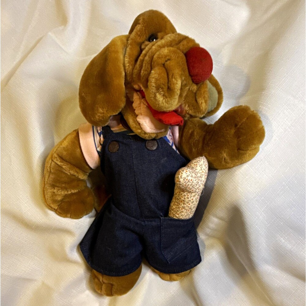 Vintage 1981 Ganz Bros Wrinkles The Dog Hand Puppet Plush with Overalls & Bone